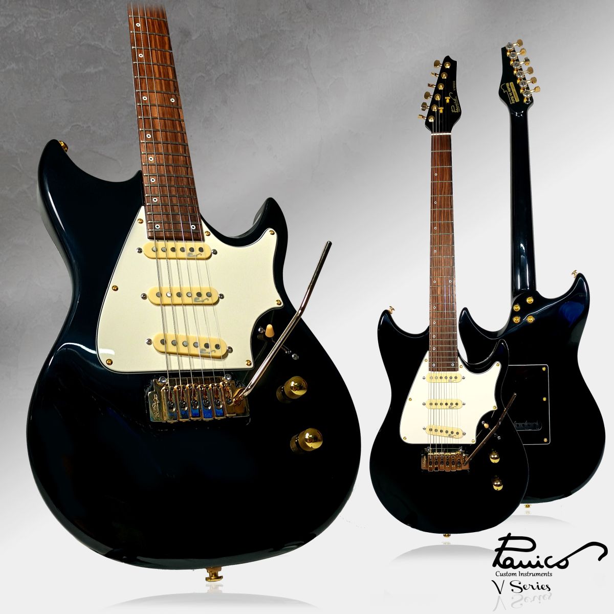 Chitarra elettrica Panico Guitars V155T, finitura nera lucida configurazione pickup 3 single coil cremi e ponte tremolo wilkinson oro gold.